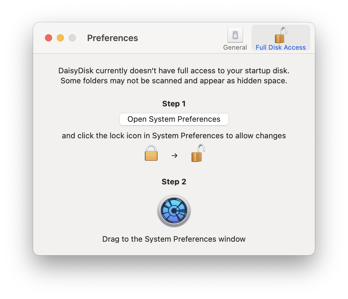 DaisyDisk 完全磁盘访问权限设置窗口